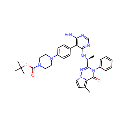 Cc1ccn2nc([C@H](C)Nc3ncnc(N)c3-c3ccc(N4CCN(C(=O)OC(C)(C)C)CC4)cc3)n(-c3ccccc3)c(=O)c12 ZINC000224325747