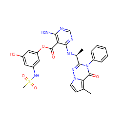 Cc1ccn2nc([C@H](C)Nc3ncnc(N)c3C(=O)Oc3cc(O)cc(NS(C)(=O)=O)c3)n(-c3ccccc3)c(=O)c12 ZINC000224341463