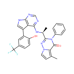 Cc1ccn2nc([C@H](C)Nc3ncnc4[nH]cc(-c5cc(C(F)(F)F)ccc5O)c34)n(-c3ccccc3)c(=O)c12 ZINC000208977644