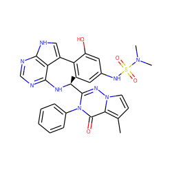 Cc1ccn2nc([C@H](C)Nc3ncnc4[nH]cc(-c5ccc(NS(=O)(=O)N(C)C)cc5O)c34)n(-c3ccccc3)c(=O)c12 ZINC001772625634