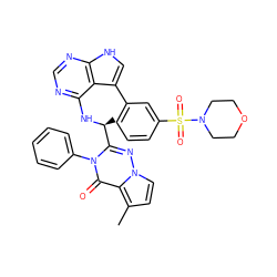 Cc1ccn2nc([C@H](C)Nc3ncnc4[nH]cc(-c5cccc(S(=O)(=O)N6CCOCC6)c5)c34)n(-c3ccccc3)c(=O)c12 ZINC000208995581