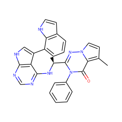 Cc1ccn2nc([C@H](C)Nc3ncnc4[nH]cc(-c5cccc6cc[nH]c56)c34)n(-c3ccccc3)c(=O)c12 ZINC000208972133