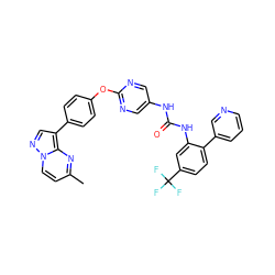 Cc1ccn2ncc(-c3ccc(Oc4ncc(NC(=O)Nc5cc(C(F)(F)F)ccc5-c5cccnc5)cn4)cc3)c2n1 ZINC001772631998