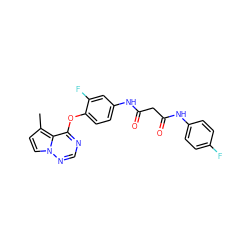 Cc1ccn2ncnc(Oc3ccc(NC(=O)CC(=O)Nc4ccc(F)cc4)cc3F)c12 ZINC000029040590