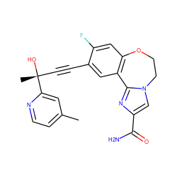 Cc1ccnc([C@](C)(O)C#Cc2cc3c(cc2F)OCCn2cc(C(N)=O)nc2-3)c1 ZINC000215747025