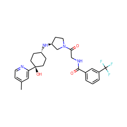 Cc1ccnc([C@]2(O)CC[C@H](N[C@H]3CCN(C(=O)CNC(=O)c4cccc(C(F)(F)F)c4)C3)CC2)c1 ZINC000101506816