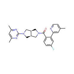 Cc1ccnc(-c2cc(F)ccc2C(=O)N2C[C@@H]3CN(c4nc(C)cc(C)n4)C[C@@H]3C2)c1 ZINC000116828380