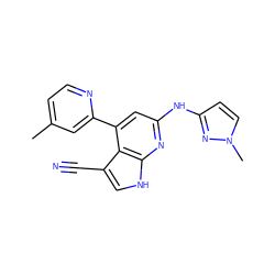 Cc1ccnc(-c2cc(Nc3ccn(C)n3)nc3[nH]cc(C#N)c23)c1 ZINC001772571934