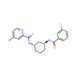 Cc1ccnc(C(=O)N[C@H]2CCC[C@H](NC(=O)c3cccc(Cl)c3)C2)c1 ZINC000095589841