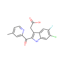 Cc1ccnc(C(=O)c2[nH]c3cc(Cl)c(F)cc3c2CC(=O)O)c1 ZINC000073198368