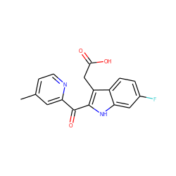 Cc1ccnc(C(=O)c2[nH]c3cc(F)ccc3c2CC(=O)O)c1 ZINC000082149613