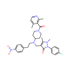 Cc1ccnc(C)c1C(=O)N1CCC(N(CCc2ccc([N+](=O)[O-])cc2)Cc2c(C)n(C)n(-c3ccc(F)cc3)c2=O)CC1 ZINC000028897880