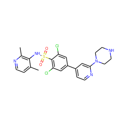 Cc1ccnc(C)c1NS(=O)(=O)c1c(Cl)cc(-c2ccnc(N3CCNCC3)c2)cc1Cl ZINC001772584725