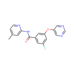 Cc1ccnc(NC(=O)c2cc(F)cc(Oc3cncnc3)c2)c1 ZINC000096938944