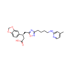 Cc1ccnc(NCCCCc2noc(C[C@@H](CC(=O)O)c3ccc4c(c3)OCO4)n2)c1 ZINC000028568854