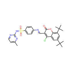 Cc1ccnc(NS(=O)(=O)c2ccc(/N=C/c3c(Cl)c4cc(C(C)(C)C)cc(C(C)(C)C)c4oc3=O)cc2)n1 ZINC000096921661