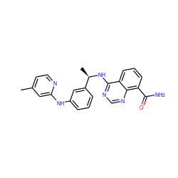 Cc1ccnc(Nc2cccc([C@@H](C)Nc3ncnc4c(C(N)=O)cccc34)c2)c1 ZINC000114346604