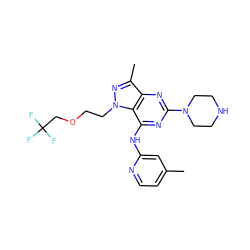 Cc1ccnc(Nc2nc(N3CCNCC3)nc3c(C)nn(CCOCC(F)(F)F)c23)c1 ZINC000049088866