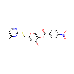 Cc1ccnc(SCc2cc(=O)c(OC(=O)c3ccc([N+](=O)[O-])cc3)co2)n1 ZINC000004377283