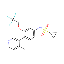 Cc1ccncc1-c1ccc(NS(=O)(=O)C2CC2)cc1OCC(F)(F)F ZINC000169710776