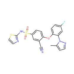 Cc1ccnn1-c1cc(F)ccc1Oc1ccc(S(=O)(=O)Nc2nccs2)cc1C#N ZINC000095582224