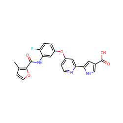 Cc1ccoc1C(=O)Nc1cc(Oc2ccnc(-c3cc(C(=O)O)c[nH]3)c2)ccc1F ZINC000116233831