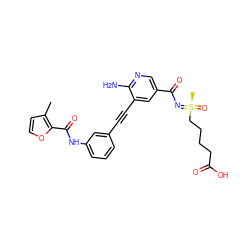 Cc1ccoc1C(=O)Nc1cccc(C#Cc2cc(C(=O)N=[S@](C)(=O)CCCCC(=O)O)cnc2N)c1 ZINC001772581345