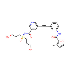 Cc1ccoc1C(=O)Nc1cccc(C#Cc2cncc(C(=O)N=S(=O)(CCCO)CCCO)c2)c1 ZINC001772654437