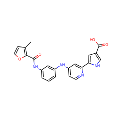 Cc1ccoc1C(=O)Nc1cccc(Nc2ccnc(-c3cc(C(=O)O)c[nH]3)c2)c1 ZINC000116235492