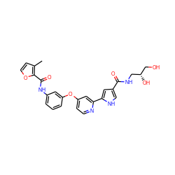 Cc1ccoc1C(=O)Nc1cccc(Oc2ccnc(-c3cc(C(=O)NC[C@@H](O)CO)c[nH]3)c2)c1 ZINC000116235548