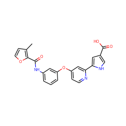 Cc1ccoc1C(=O)Nc1cccc(Oc2ccnc(-c3cc(C(=O)O)c[nH]3)c2)c1 ZINC000116235589