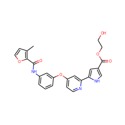 Cc1ccoc1C(=O)Nc1cccc(Oc2ccnc(-c3cc(C(=O)OCCO)c[nH]3)c2)c1 ZINC000116236045