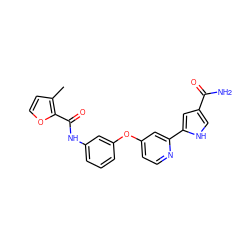 Cc1ccoc1C(=O)Nc1cccc(Oc2ccnc(-c3cc(C(N)=O)c[nH]3)c2)c1 ZINC000116235763