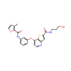 Cc1ccoc1C(=O)Nc1cccc(Oc2ccnc3cc(C(=O)NCCCO)sc23)c1 ZINC000219987443