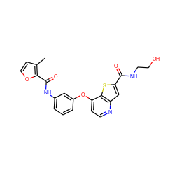 Cc1ccoc1C(=O)Nc1cccc(Oc2ccnc3cc(C(=O)NCCO)sc23)c1 ZINC000219987549