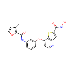 Cc1ccoc1C(=O)Nc1cccc(Oc2ccnc3cc(C(=O)NO)sc23)c1 ZINC000219983349