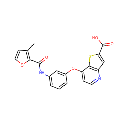 Cc1ccoc1C(=O)Nc1cccc(Oc2ccnc3cc(C(=O)O)sc23)c1 ZINC000219983018