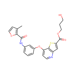 Cc1ccoc1C(=O)Nc1cccc(Oc2ccnc3cc(C(=O)OCCCO)sc23)c1 ZINC000219987735