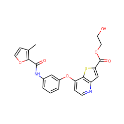 Cc1ccoc1C(=O)Nc1cccc(Oc2ccnc3cc(C(=O)OCCO)sc23)c1 ZINC000219987834