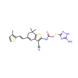 Cc1ccsc1/C=C/C1=Cc2c(sc(NC(=O)CSc3n[nH]c(N)n3)c2C#N)C(C)(C)C1 ZINC000008670525