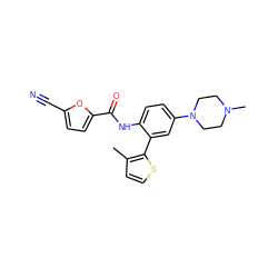 Cc1ccsc1-c1cc(N2CCN(C)CC2)ccc1NC(=O)c1ccc(C#N)o1 ZINC000029047430