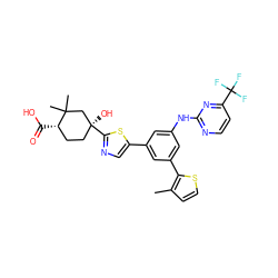 Cc1ccsc1-c1cc(Nc2nccc(C(F)(F)F)n2)cc(-c2cnc([C@@]3(O)CC[C@H](C(=O)O)C(C)(C)C3)s2)c1 ZINC000221417967