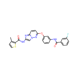 Cc1ccsc1C(=O)Nc1cn2nc(Oc3cccc(NC(=O)c4cccc(F)c4)c3)ccc2n1 ZINC000095601878