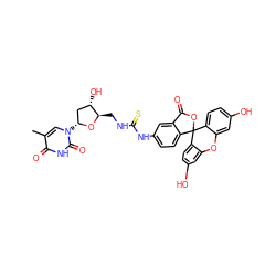 Cc1cn([C@@H]2C[C@H](O)[C@@H](CNC(=S)Nc3ccc4c(c3)C(=O)OC43c4ccc(O)cc4Oc4cc(O)ccc43)O2)c(=O)[nH]c1=O ZINC000028864702