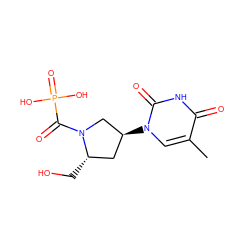 Cc1cn([C@H]2C[C@H](CO)N(C(=O)P(=O)(O)O)C2)c(=O)[nH]c1=O ZINC000045368083