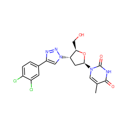 Cc1cn([C@H]2C[C@H](n3cc(-c4ccc(Cl)c(Cl)c4)nn3)[C@@H](CO)O2)c(=O)[nH]c1=O ZINC000049069874