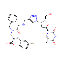 Cc1cn([C@H]2C[C@H](n3cc(CNCC(=O)N(Cc4ccccc4)Cc4cc5cc(Br)ccc5oc4=O)nn3)[C@@H](CO)O2)c(=O)[nH]c1=O ZINC000095604202