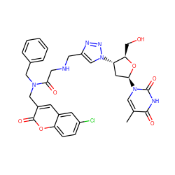 Cc1cn([C@H]2C[C@H](n3cc(CNCC(=O)N(Cc4ccccc4)Cc4cc5cc(Cl)ccc5oc4=O)nn3)[C@@H](CO)O2)c(=O)[nH]c1=O ZINC000095602080