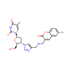 Cc1cn([C@H]2C[C@H](n3cc(CNCc4cc5cc(Br)ccc5oc4=O)nn3)[C@@H](CO)O2)c(=O)[nH]c1=O ZINC000095603865