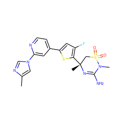 Cc1cn(-c2cc(-c3cc(F)c([C@]4(C)CS(=O)(=O)N(C)C(N)=N4)s3)ccn2)cn1 ZINC000219608096